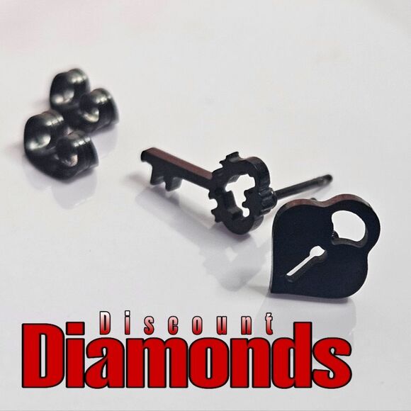 Black Titanium Lock and Key Stud Pushback Earrings. - Picture 1 of 14